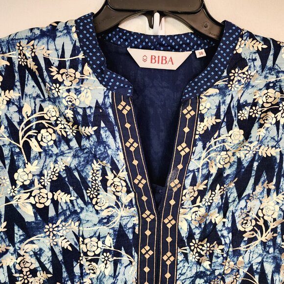 BIBA Kurta Tunic Maxi Dress Women Sz 38 Blue Gold Floral Print V Neck Lined - Picture 5 of 13